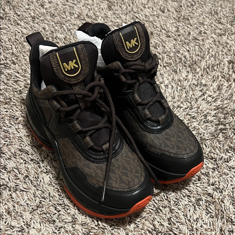 Michael Kors Women Black and Brown Sneakers with cOrange Accents